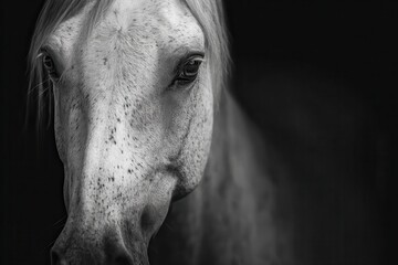 A detailed close-up shot of a beautiful horse's face, showcasing its expressive eyes and majestic features.