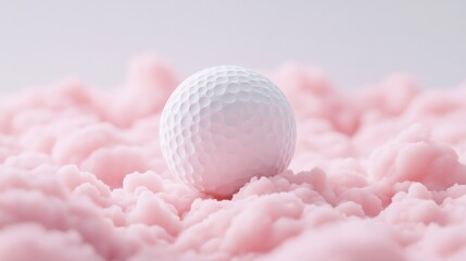 Surreal Floating Golf Ball Over Dreamy Pink Cloud Landscape
