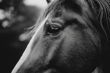 A detailed close-up of a horse's face showing its expressive eyes, nostrils, and textured fur.