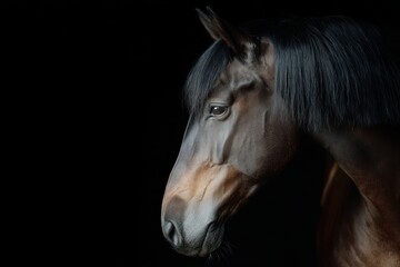 A majestic horse standing gracefully against a solid black background, exuding elegance and beauty.