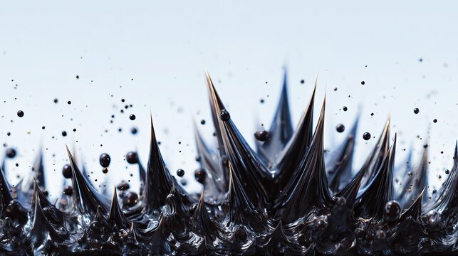 4K close-up of black glossy ferrofluid spikes forming dynamic sharp peaks against a light blue background under magnetic influence - Powered by Adobe