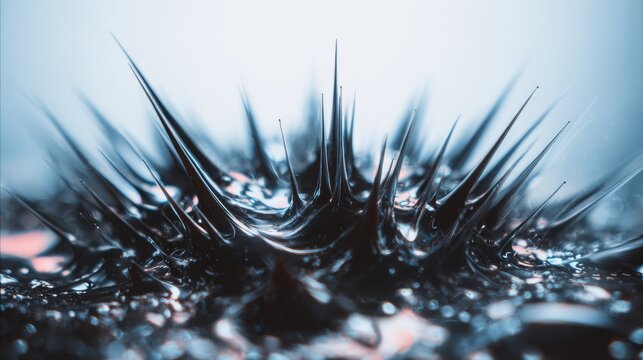 Close-up 4K shot of metallic ferrofluid forming sharp spikes under magnetic forces with glossy reflective surface and dramatic lighting effects