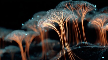 Abstract glowing orange tree structures with blue light points on dark background, digital conceptual art symbolizing networks or neural connections in 4K resolution