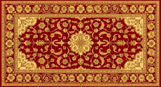 Ornate Red and Gold Persian Carpet Design, Intricate Floral Pattern.