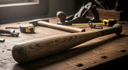 Woodworking tools and a wooden baseball bat on a workbench