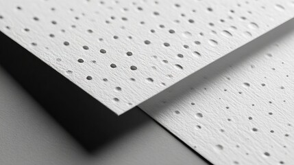 Close-up of two overlapping white paper sheets with evenly spaced punched holes arranged in a grid pattern on a flat surface in 4K resolution