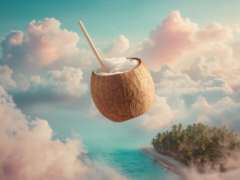Surreal floating coconut drink with straw in pastel clouds above tropical island image