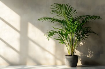 A green plant planted in a pot in the corner of the room enhances the beauty of the room and creates interest in the green surroundings, which creates a calm and minimalist atmosphere.