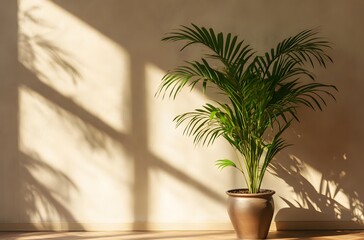 A green plant planted in a pot in the corner of the room enhances the beauty of the room and creates interest in the green surroundings, which creates a calm and minimalist atmosphere.