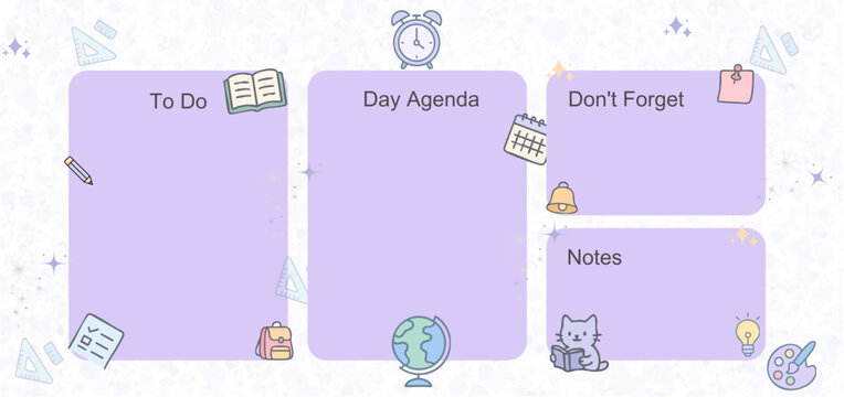 A pastel school-themed daily planner template with four sections—To Do, Day Agenda, Don’t Forget, and Notes—decorated with cute icons like books, a globe, clock, backpack, pencil, calendar, and cat.