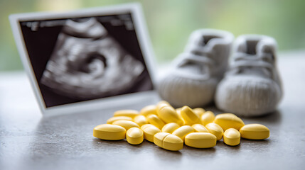 Pile of prenatal vitamins sit on a table next to baby booties and an ultrasound picture.