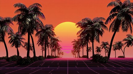 Retro-futuristic 4K sunset with neon grid ground and silhouetted palm trees in vibrant orange, pink, and purple synthwave colors