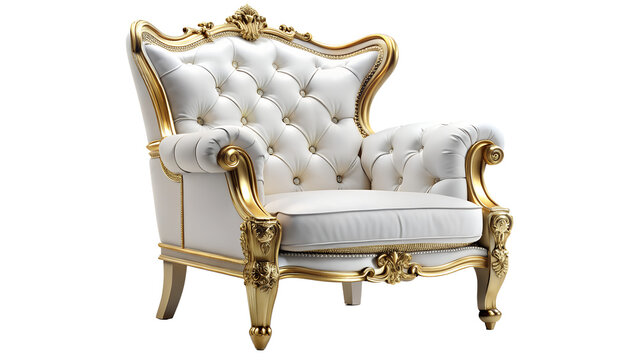 Elegant white and gold armchair isolated on transparent background, showcasing luxurious design, comfort, and royal style for interior decoration