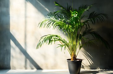 A green plant planted in a pot in the corner of the room enhances the beauty of the room and creates interest in the green surroundings, which creates a calm and minimalist atmosphere.