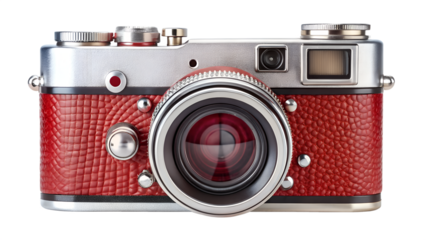 Vintage camera with a retro design isolated on transparent background, featuring a leather finish and chrome accents, a classic photographic device