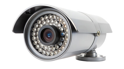 Silver security camera isolated on transparent background, a cctv surveillance system for video monitoring and protection of property and building