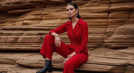 Young caucasian female in red jumpsuit posing against layered rock formation