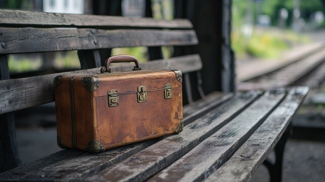 Vintage leather suitcase on wooden bench at empty train station platform - Powered by Adobe