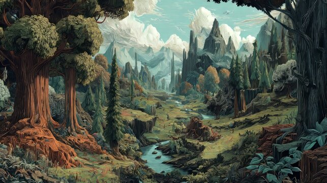 4K vibrant fantasy landscape with winding river, dense ancient forest, diverse foliage, and towering jagged mountains under a partly cloudy sky - Powered by Adobe