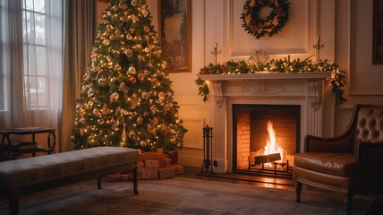 Cozy living room with glowing fireplace and decorated christmas tree