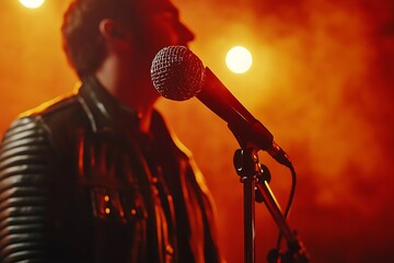 Close Up of a Microphone on Stage with a Man in Leather Jacket blurred