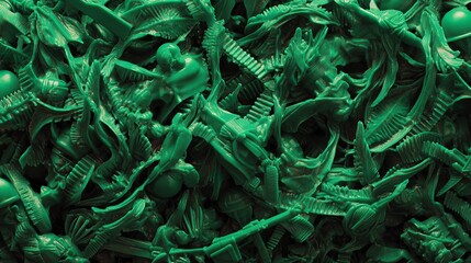 Close-up of numerous green plastic army men figurines in various action poses tightly packed together on a plain background in 4K resolution