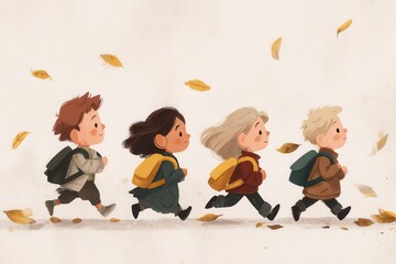 A group of children walking down a colorful street on their way to school.