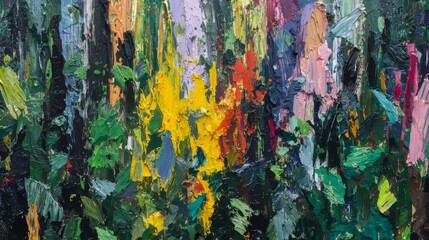 Close-up of vibrant textured abstract painting with thick impasto brushstrokes in green, yellow, purple, pink, and orange hues on canvas in 4K resolution