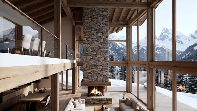 Luxurious chalet interior with a stone fireplace, large windows, and mountain views, showcasing a cozy atmosphere.