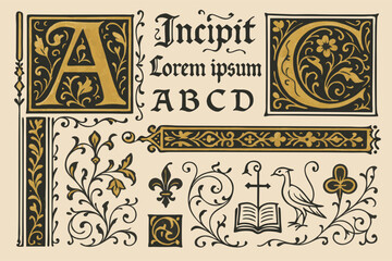 Illuminated Manuscript Alphabet and Decorative Elements Vector