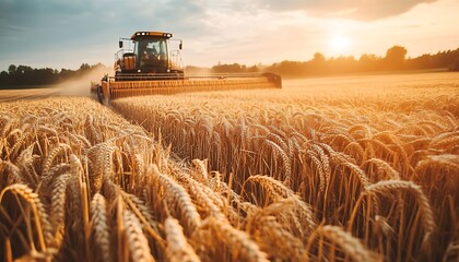 Obraz premium Combine Harvester in Golden Wheat Field at Sunset Agricultural Harvest