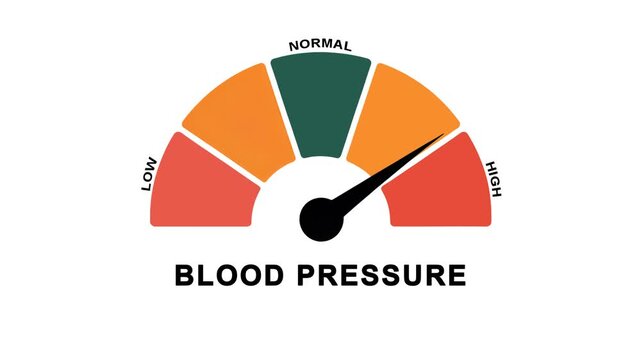 Animated blood pressure level meter increasing from normal to high level for concepts related to high blood pressure, hypertension and heart health