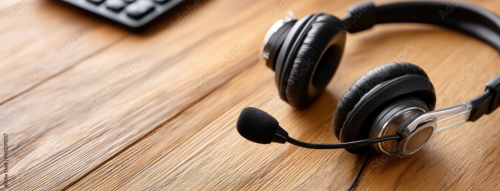 Poster headset placed on a wooden desk next to a keyboard in a bright office, indicating readiness for comm
