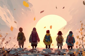Three children walking together in a colorful forest, enjoying a leisurely stroll. The sunlight filters through the trees, creating a magical atmosphere.