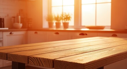 A bright kitchen interior with a wooden table in the foreground and sunlight streaming through the window