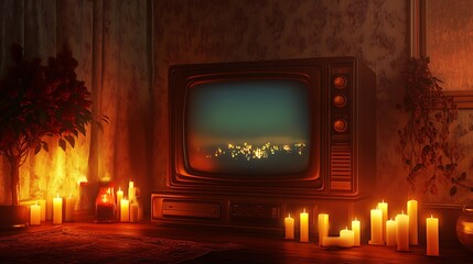 Cozy Interior View of Retro TV, Burning Candles, Ambient Lighting, Flowers and plants