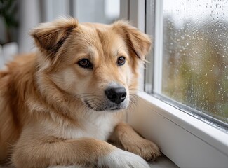 Dog looking out the window during a rainy day while resting its head on the sill in a cozy indoor setting