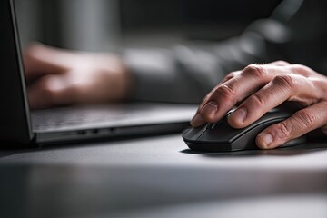 Close-up of hands using a laptop and mouse.  Hands on a gray surface,  working on a laptop.  Focus on the mouse