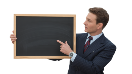 Professional Businessman Pointing to a Blank Blackboard with Copy Space on Transparent PNG.
