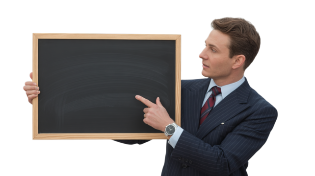 Professional Businessman Pointing to a Blank Blackboard with Copy Space on Transparent PNG.