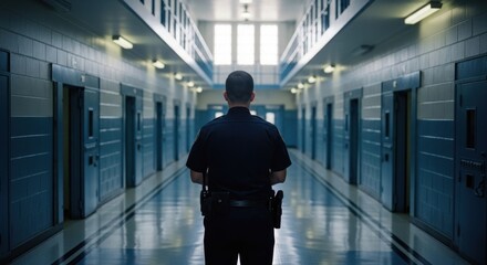 Back view of officer standing in bleak prison corridor