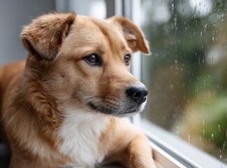 Brown dog looks out the window during a rainy day, enjoying the view while resting on a sill inside a cozy home environment