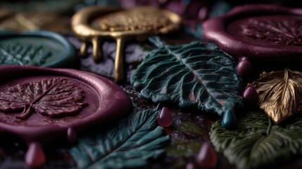 Close-up of colorful wax seals and wax leaves with engraved leaf patterns on textured surface in 4K resolution