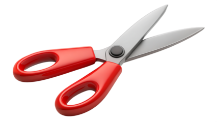 A pair of open scissors with red handles and sharp steel blades isolated on transparent background, a versatile tool for cutting and crafting in various settings