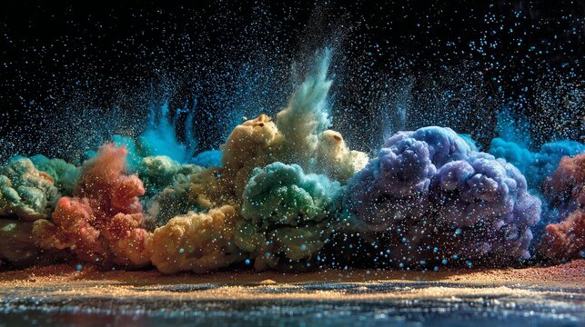 Vibrant multicolored powder explosion with dynamic swirling clouds suspended in dark space in 4K resolution