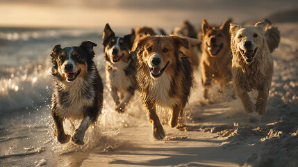 A group of diverse dogs of all sizes and breeds, running together on a beach at sunrise.