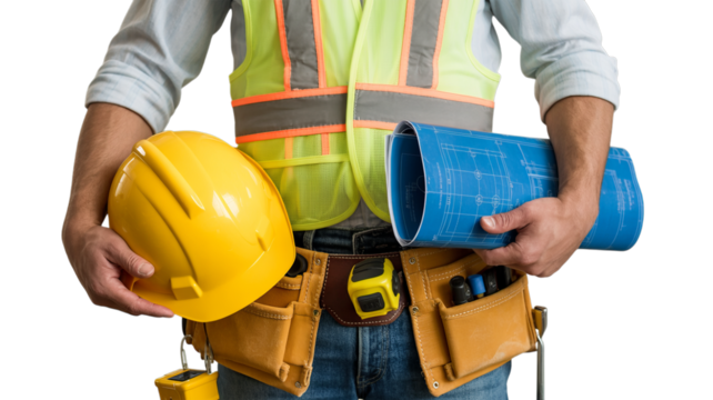Professional construction worker wearing a safety vest, holding a yellow hard hat and blue blueprints on a transparent background.