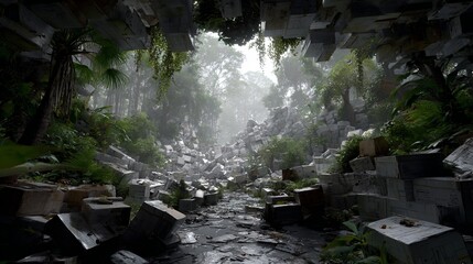 Misty dense forest with scattered weathered white boxes and overgrown foliage on wet ground creating an abandoned, mysterious atmosphere in 4K resolution