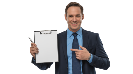 A smiling businessman in a suit holds a blank clipboard with a pen and points to it.