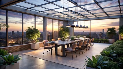 Elegant modern dining room with a long conference table and chairs, overlooking a stunning cityscape at sunset, featuring glass walls, lush plants, and sophisticated lighting for business gatherings